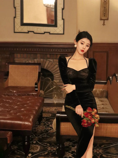 Thirteen and Little French Retro Dress Women's Autumn and Winter Lace Slim Fit Slit Halter Neck Velvet Skirt