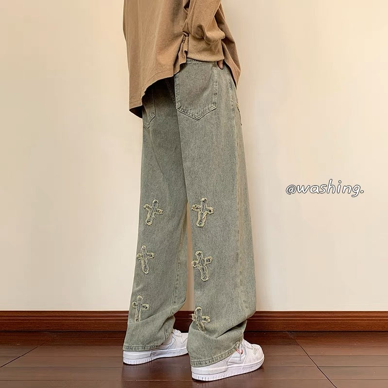 European and American high street vibe pants men's niche design sense American style yellow mud dyed jeans embroidery micro-launched straight-leg pants tide