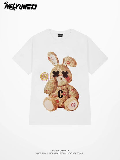 NELY American rabbit print cotton short-sleeved T-shirt for men and women summer fashion vintage couple tops