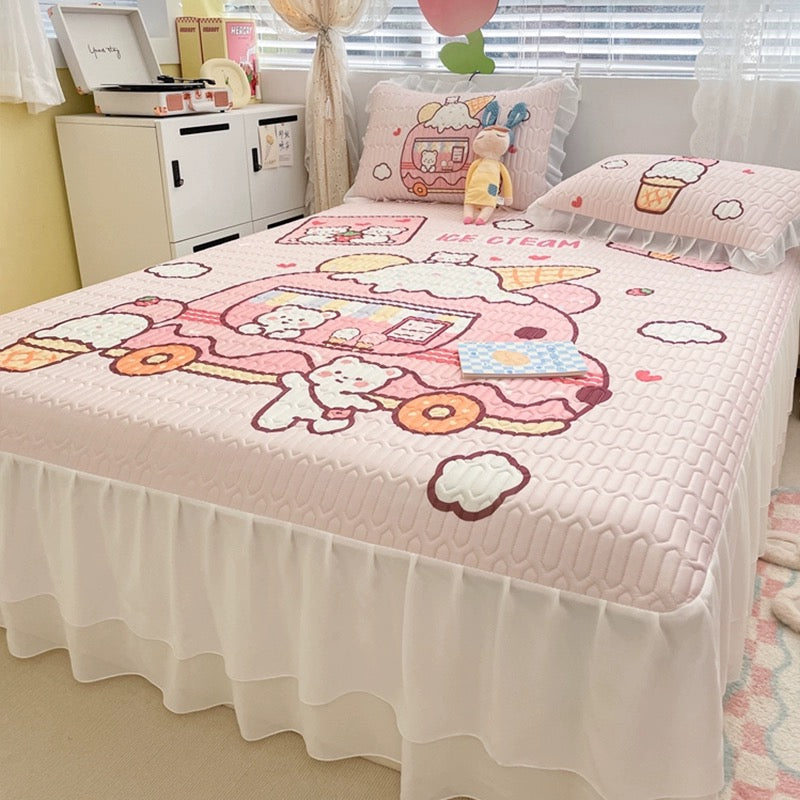 Summer printed bed skirt latex ice silk mat three-piece set princess style bed sheet air conditioning mattress mat machine washable