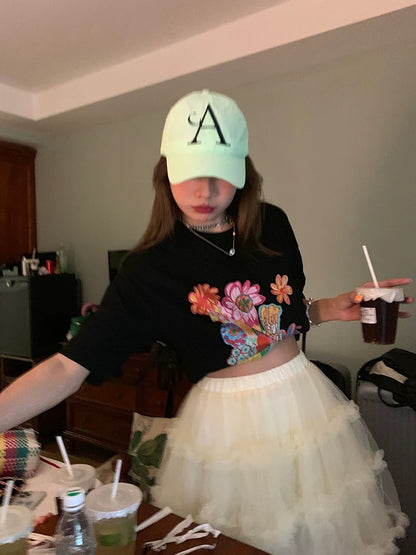 Luoluo Xianjie girls short-sleeved T-shirt female summer top design niche white 2024 new round neck