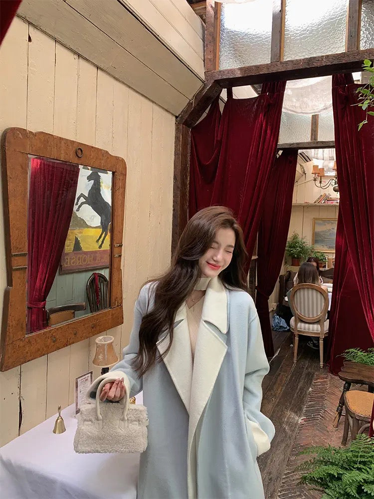 YIYI WANG Korean drama heroine appears~Sea salt blue and white double-layer lapel wool double-sided woolen coat for women
