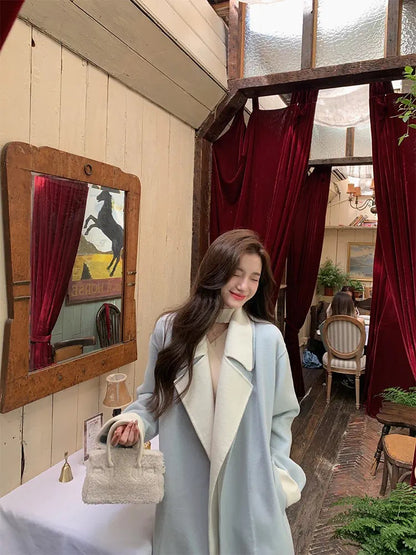 YIYI WANG Korean drama heroine appears~Sea salt blue and white double-layer lapel wool double-sided woolen coat for women