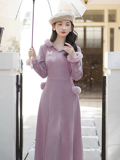 Gentle style French temperament fur collar hooded dress for women winter slim waist slimming inner long skirt