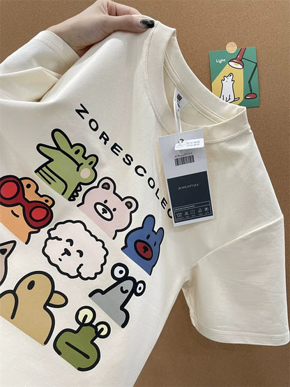 American style ins three bears printed cotton short-sleeved T-shirt men and women summer heavyweight all-match loose couple tops