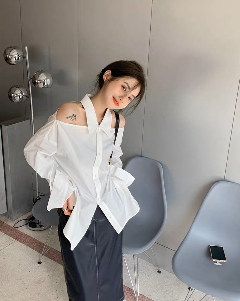 Designed halter neck off-shoulder retro Hong Kong style shirt 2023 new niche thin early autumn long-sleeved chic top for women