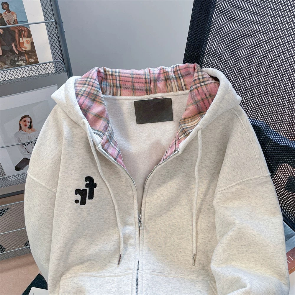Korean lazy style contrast color plaid splicing hooded sweatshirt for men and women spring and autumn loose design niche jacket cardigan