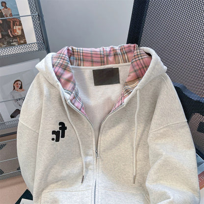 Korean lazy style contrast color plaid splicing hooded sweatshirt for men and women spring and autumn loose design niche jacket cardigan