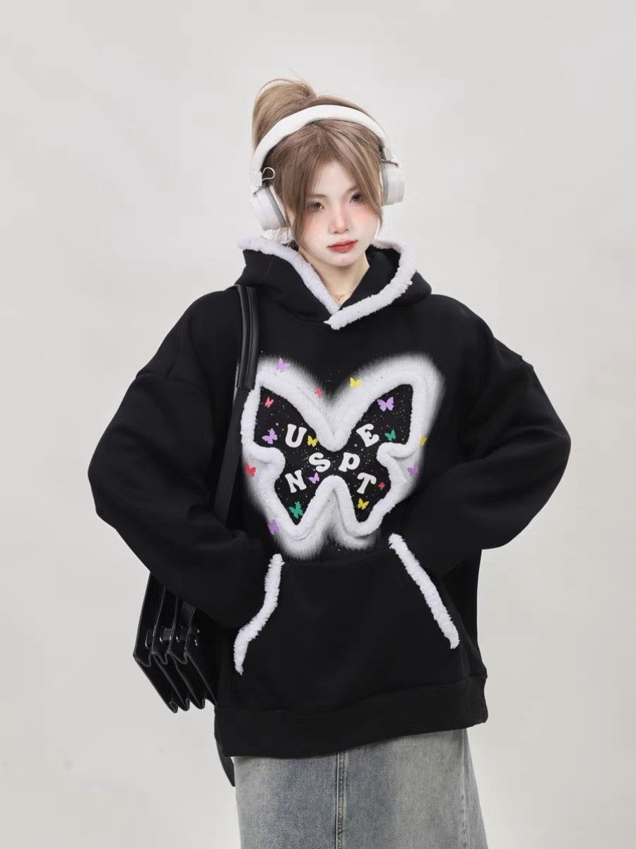 American oversize niche hooded butterfly pink sweatshirt for women plus velvet and thickened 2023 new top for small people A3348