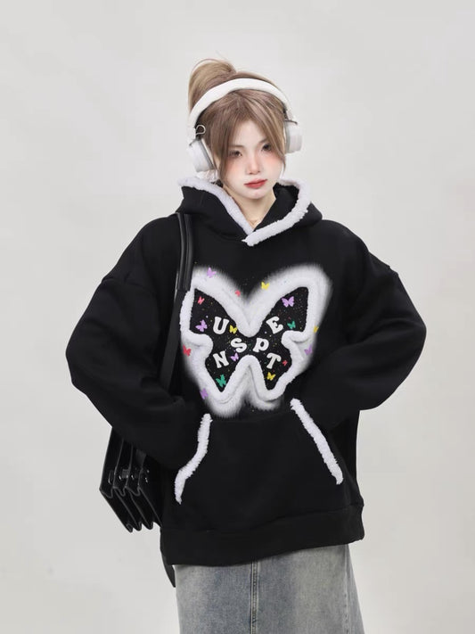 American oversize niche hooded butterfly pink sweatshirt for women plus velvet and thickened 2023 new top for small people A3348
