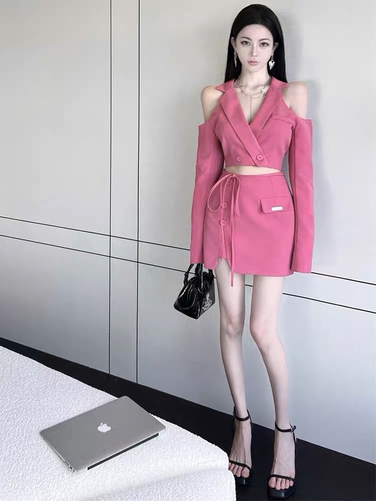 Pure desire sweet hot girl suit strapless suit short jacket female high-end sense two-piece skirt spring and autumn small man