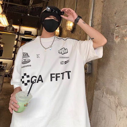 American retro short-sleeved T-shirt men's European and American fashion brand ins heavy high street oversize motorcycle racing suit summer bf