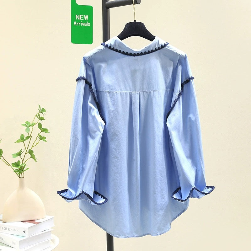 Blue design shell embroidered shirt for women 2024 spring new Korean loose slim shirt chic top