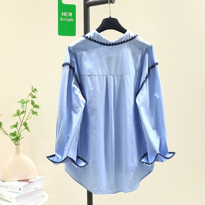 Blue design shell embroidered shirt for women 2024 spring new Korean loose slim shirt chic top