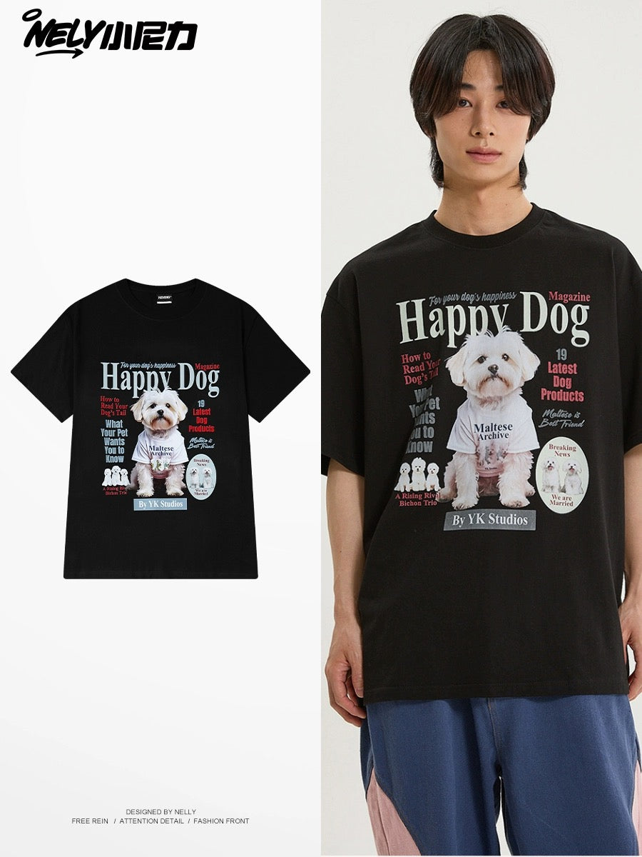 Nely Little Nelly Dog Print Short Sleeve T-shirt for Men and Women Round Neck New Loose American Retro Summer All-match Top