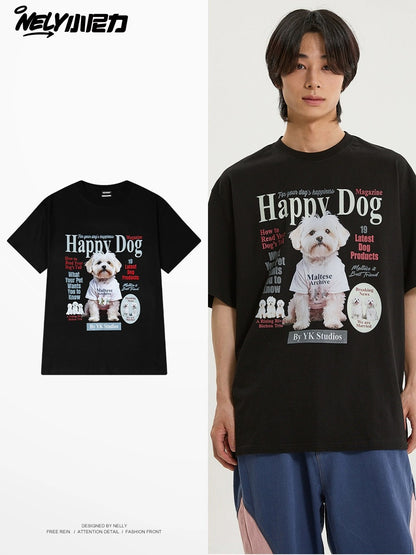 Nely Little Nelly Dog Print Short Sleeve T-shirt for Men and Women Round Neck New Loose American Retro Summer All-match Top