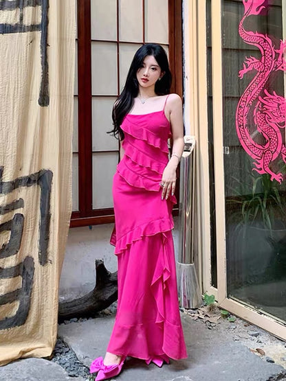 French sling dress fairy summer ruffles high-end sexy open back seaside holiday wind beach long skirt