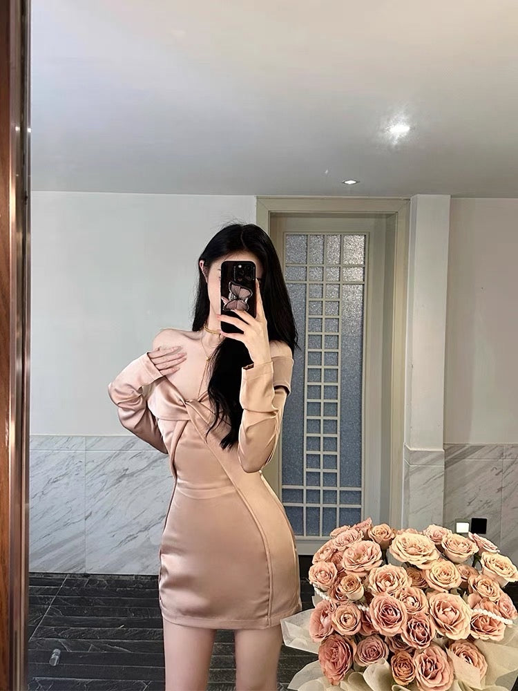 For Fay champagne one-shoulder elegant knot design slim dress light luxury high-end skirt