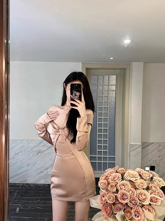 For Fay champagne one-shoulder elegant knot design slim dress light luxury high-end skirt