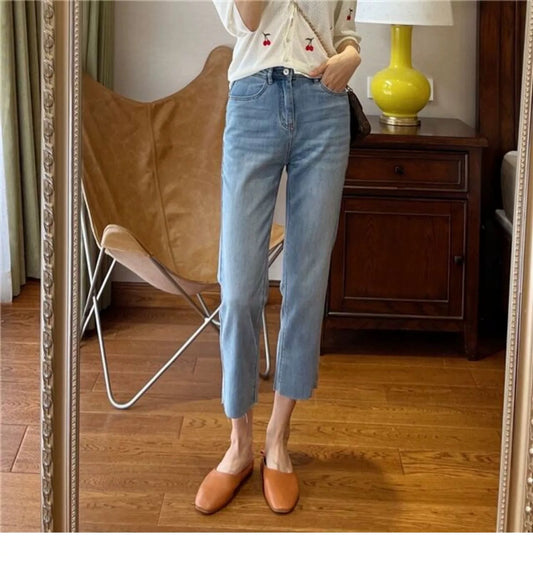 Summer nano ultra-thin ice silk straight jeans for women 2025 new small ladies nine-point cigarette pants