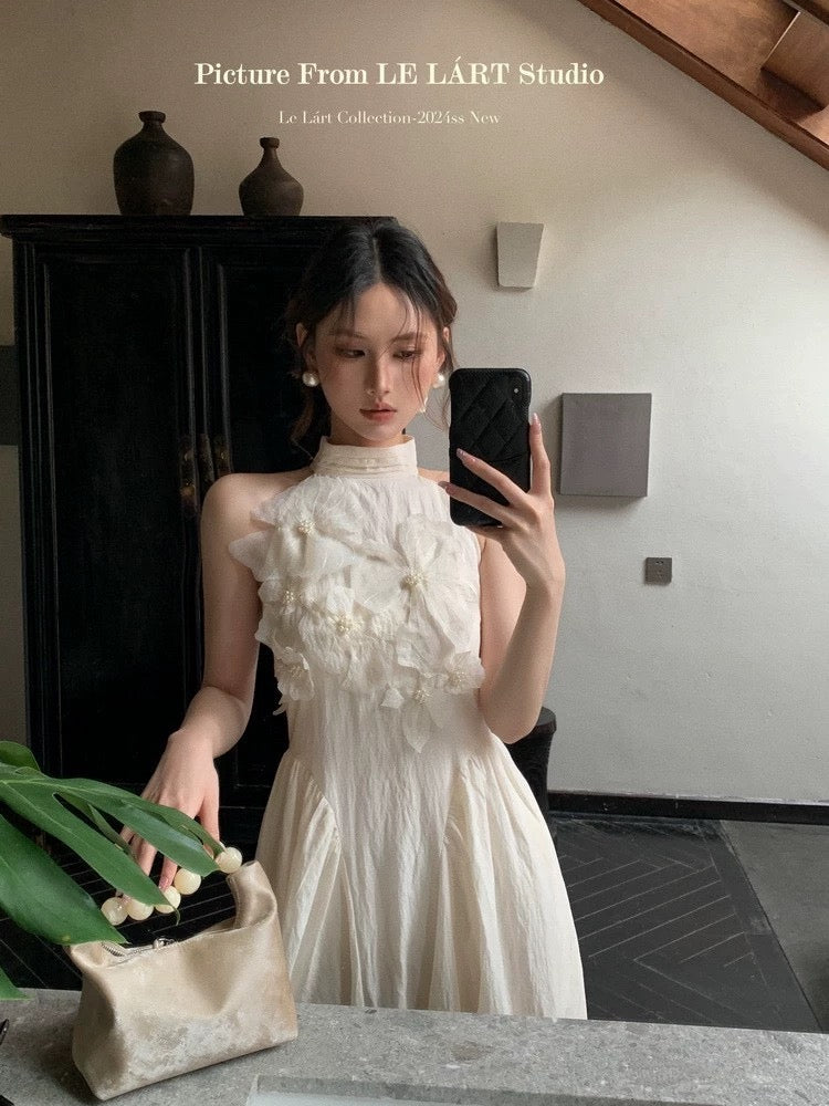 LELART Temperament dress 2024 new style women's summer design elegant flower halter neck high waist A-line long skirt