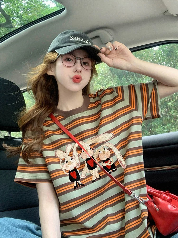 Rabbit print striped short-sleeved T-shirt for women 2025 new summer European goods high-end shoulder loose western-style top