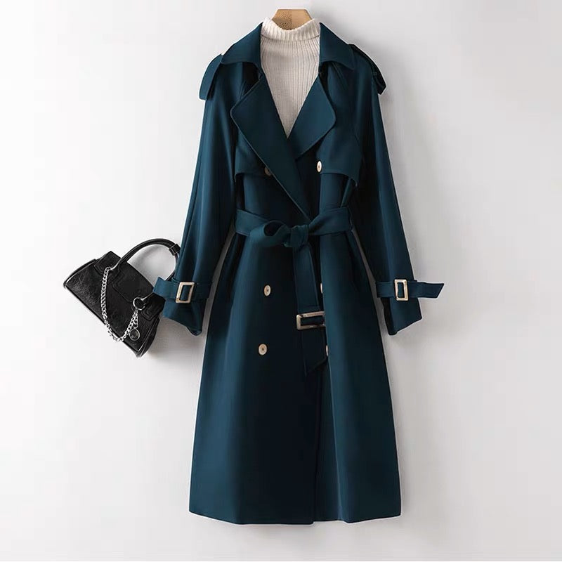 High-end peacock green windbreaker jacket for women 2023 spring and autumn temperament dress and coat British style two-piece set (S0341)