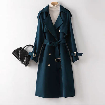 High-end peacock green windbreaker jacket for women 2023 spring and autumn temperament dress and coat British style two-piece set (S0341)