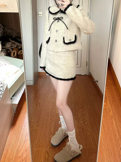 Small fragrant bow contrast color coat two-piece set for women 2023 autumn and winter high-waisted skirt high-end western style suit T9696