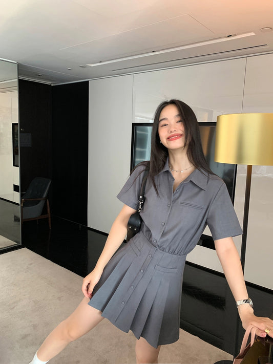 pusumede high-grade temperament shirt dress black dress female design pleated skirt waist A-line short skirt