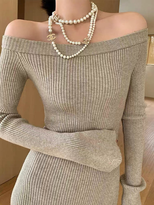 WANGXO long-sleeved one-shoulder knitted dress for women autumn 2023 new slim fit bottoming hip skirt (B1713)
