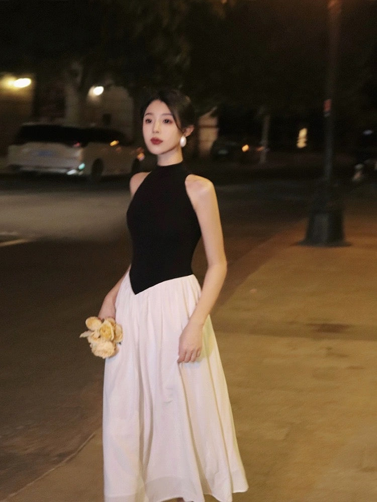 Thirteen and Little French Dress Women's Summer Black and White Contrast Color Stitching Stand Collar Sleeveless High-end Temperament Long Dress