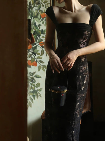 Xiaoli XIAOLI Chinese style floral suspender hip dress autumn and winter new high-end exquisite retro slim skirt