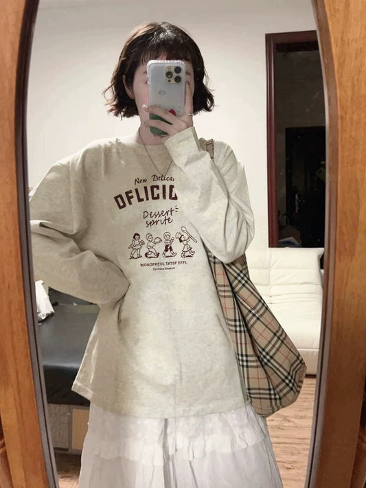 100% cotton American retro Hong Kong style chic straight shoulder long-sleeved T-shirt women's loose lazy niche design top
