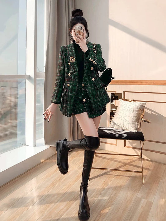 Xiaoxiangfeng Suit Pants Suit Women's 2023 New Winter Plaid Woolen Suit Two-piece College Style Suit