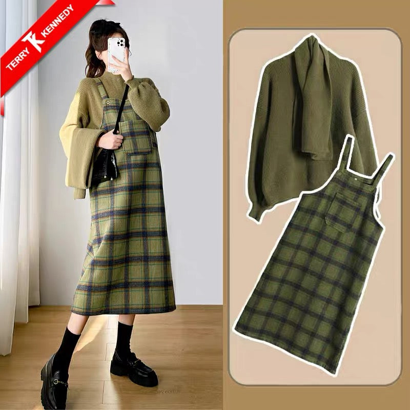Maternity suit autumn and winter suspender skirt women's outerwear two-piece set bottoming shirt sweater winter plaid woolen dress