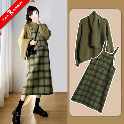 Maternity suit autumn and winter suspender skirt women's outerwear two-piece set bottoming shirt sweater winter plaid woolen dress