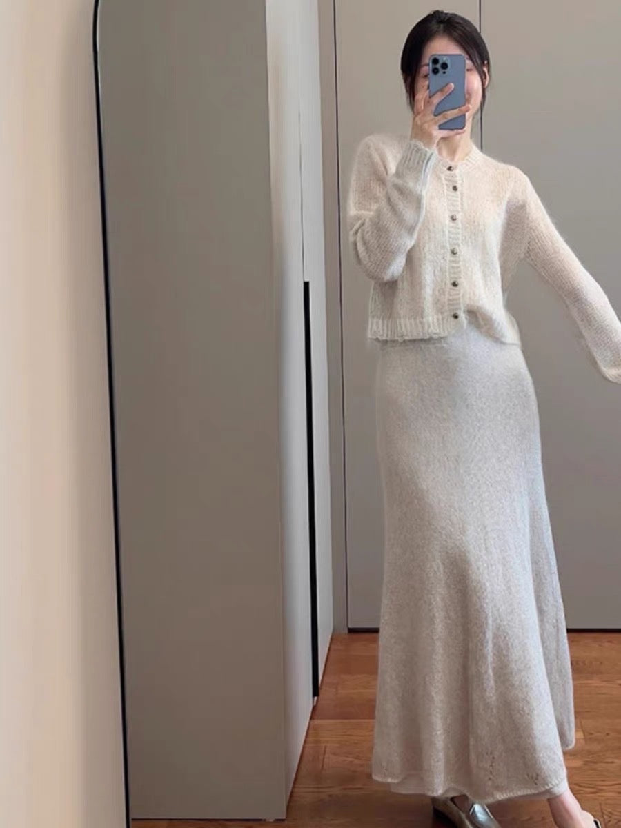 Elegant and fashionable mohair knitted cardigan skirt suit royal sister temperament salty gentle two-piece autumn and winter