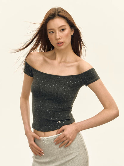Ariseism American retro hot girl short hot diamond one shoulder short sleeve t-shirt female summer new tight top