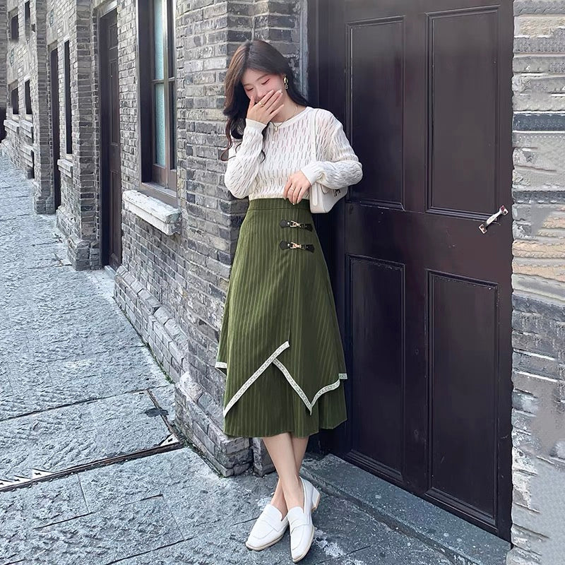 Autumn and winter striped skirt for women 2023 new style irregular high-waist slim umbrella skirt mid-length a-line hip-hugging long skirt