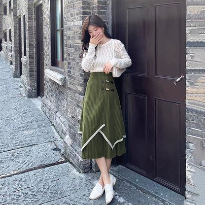 Autumn and winter striped skirt for women 2023 new style irregular high-waist slim umbrella skirt mid-length a-line hip-hugging long skirt