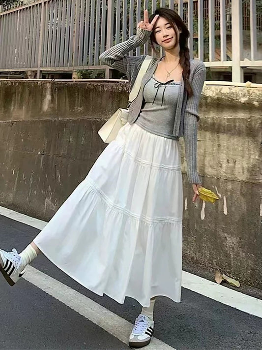White skirt women's summer 2024 new medium-length high-waisted A-line long skirt slim petite puffy cake skirt