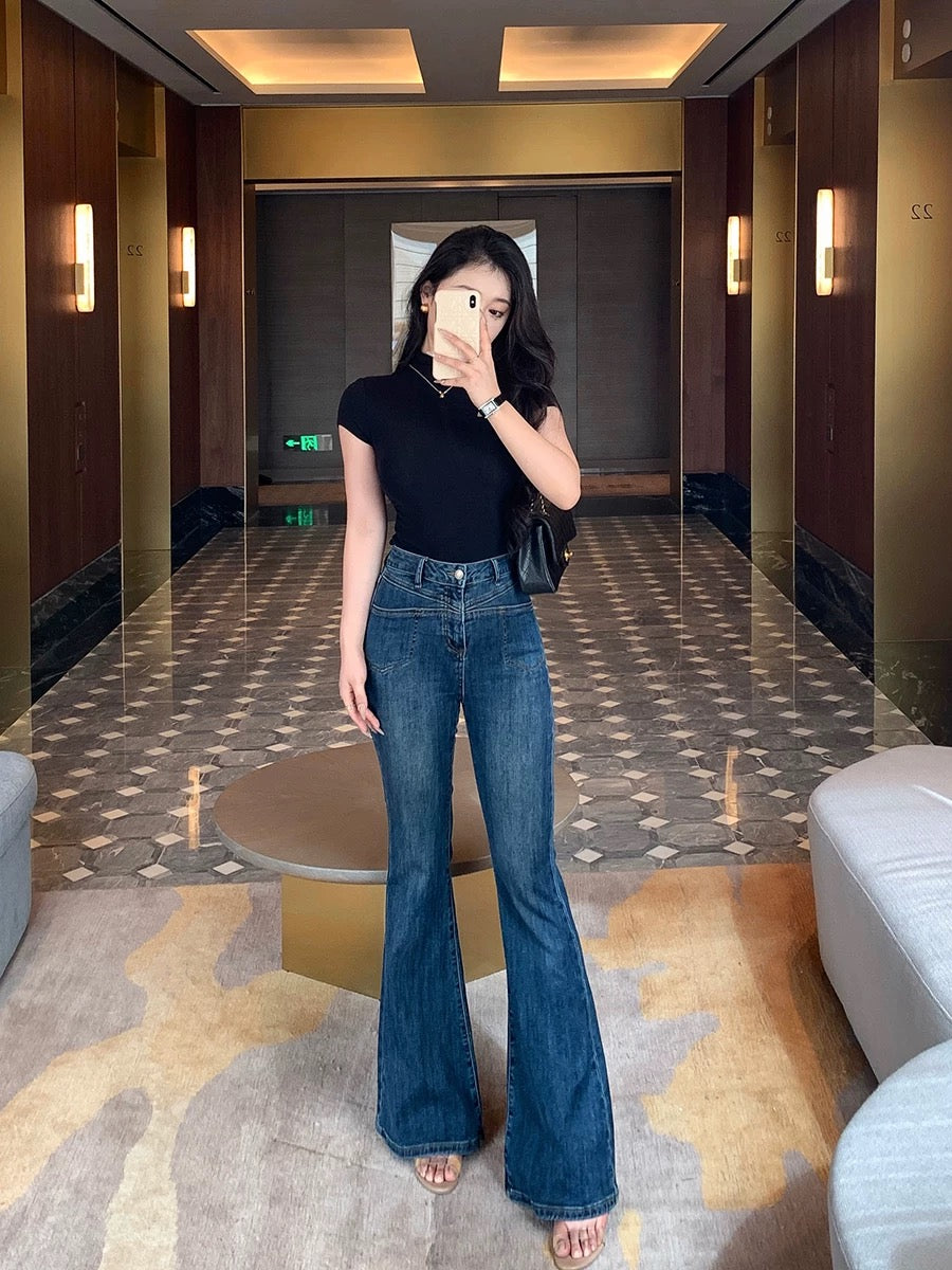 Lin Guanguan dark blue bell-bottom pants for women autumn flared jeans American retro high waist slightly fat pants slim trousers