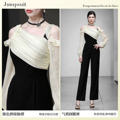 Autumn women's clothing 2023 new fashion contrasting color lantern sleeves high waist jumpsuit jumpsuit wide leg pants trousers trousers