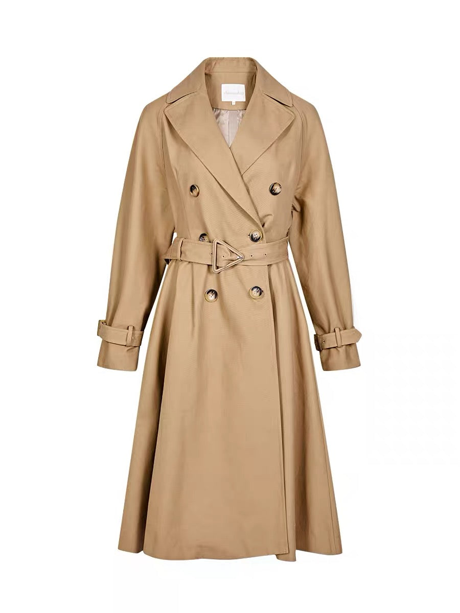 Shanxi said khaki high-end temperament pure cotton belt waist double-breasted raglan sleeves long windbreaker jacket for women (B8896)
