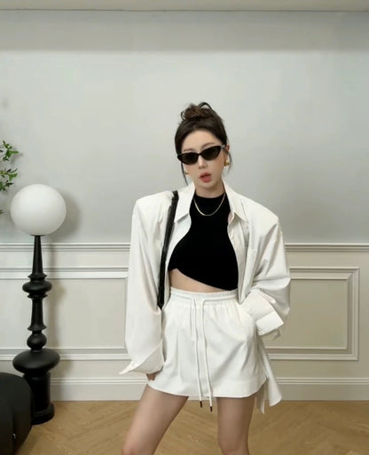 2024 early spring and autumn new Korean lazy style loose long-sleeved solid color sunscreen shirt + short skirt two-piece suit summer