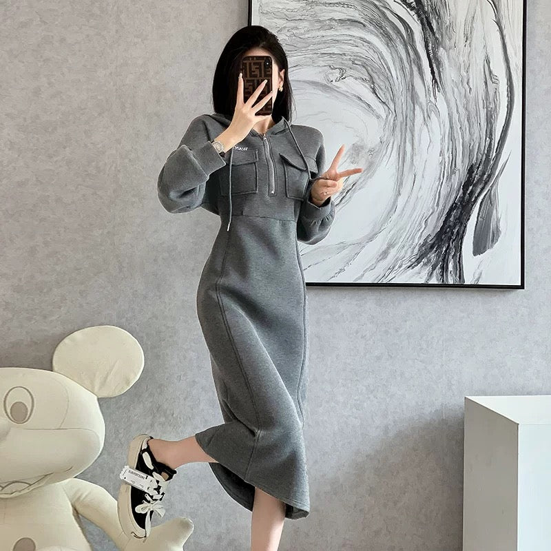 Hooded mid-length velvet thickened sweatshirt skirt women's autumn and winter 2023 new European high-end casual dress