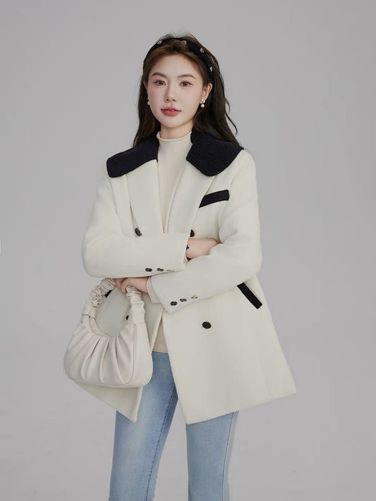 Volstagg white woolen coat for women autumn and winter contrast color short velvet thin down jacket woolen coat