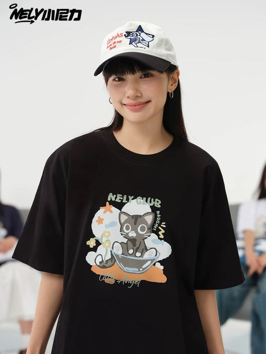 American cartoon cat print round neck short sleeve men and women summer 2025 couple pure cotton t-shirt half sleeve bottoming shirt trend