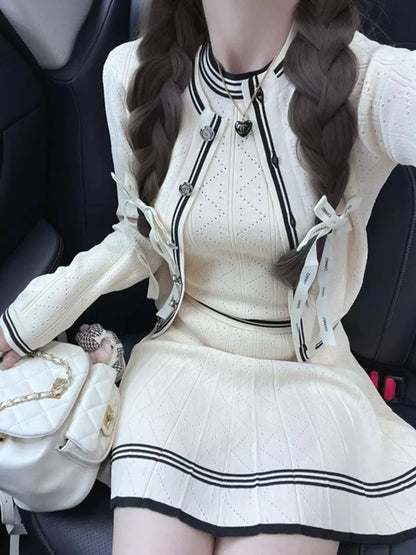 Socialite Xiaoxiangfeng Knitted Autumn and Winter Suit Cardigan Jacket Vest Top Half Skirt Advanced Three-piece Set for Women T9695